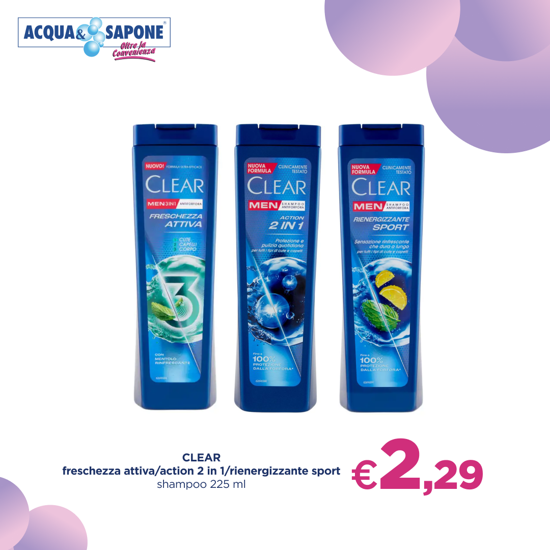 Shampoo Clear per uomini: freschezza attiva, action 2 in 1 e rinfrescante sport.