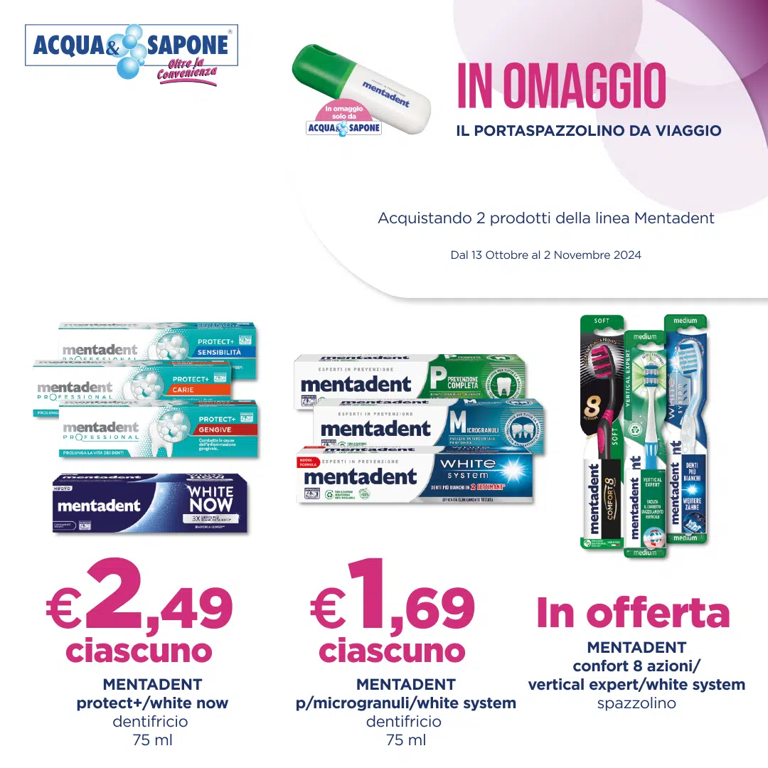 Mentadent dentifrici e spazzolini - vari tipi da 75 ml a partire da 1,69€, con portaspazzolino da viaggio in omaggio da Acqua & Sapone