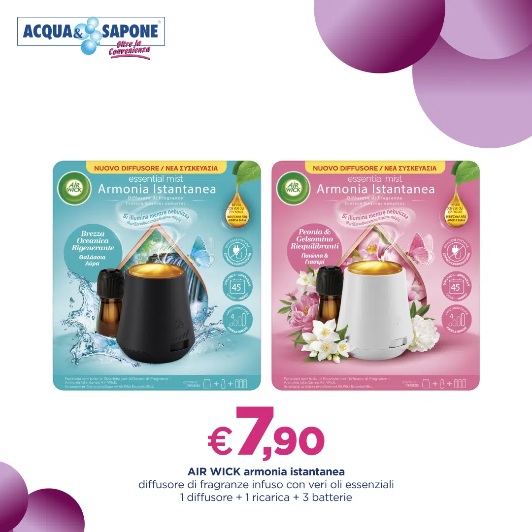 Air Wick Armonia Istantanea diffusore di fragranze con oli essenziali, include 1 diffusore, 1 ricarica e 3 batterie a 7,90€ da Acqua & Sapone