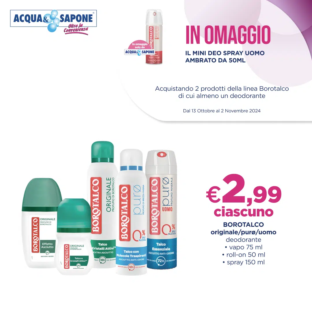 Borotalco deodorante originale, puro, uomo - vapo 75 ml, roll-on 50 ml, spray 150 ml a 2,99€ ciascuno, in omaggio mini deo spray uomo ambrato 50 ml da Acqua & Sapone