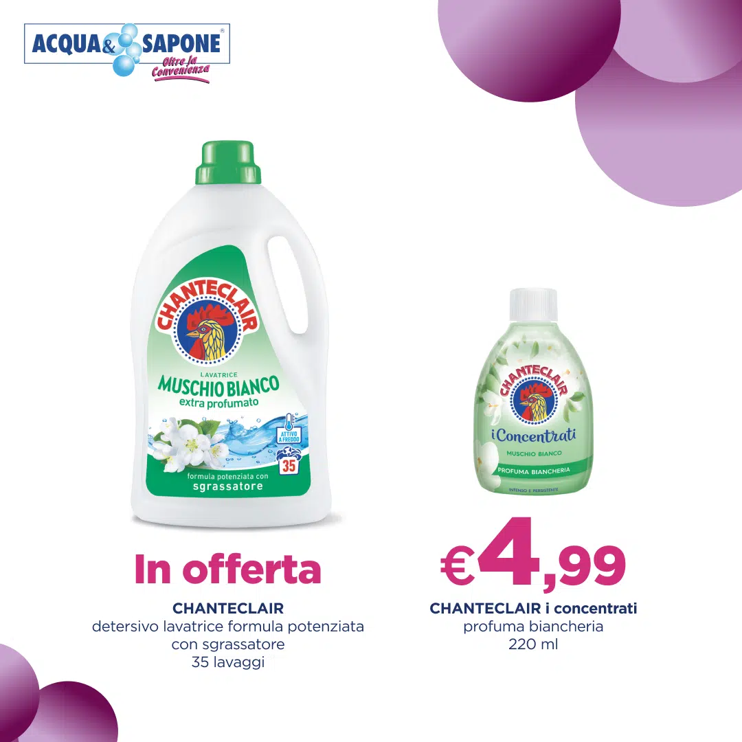 Chanteclair detersivo lavatrice muschio bianco 35 lavaggi e profuma biancheria concentrato 220 ml a 4,99€ da Acqua & Sapone