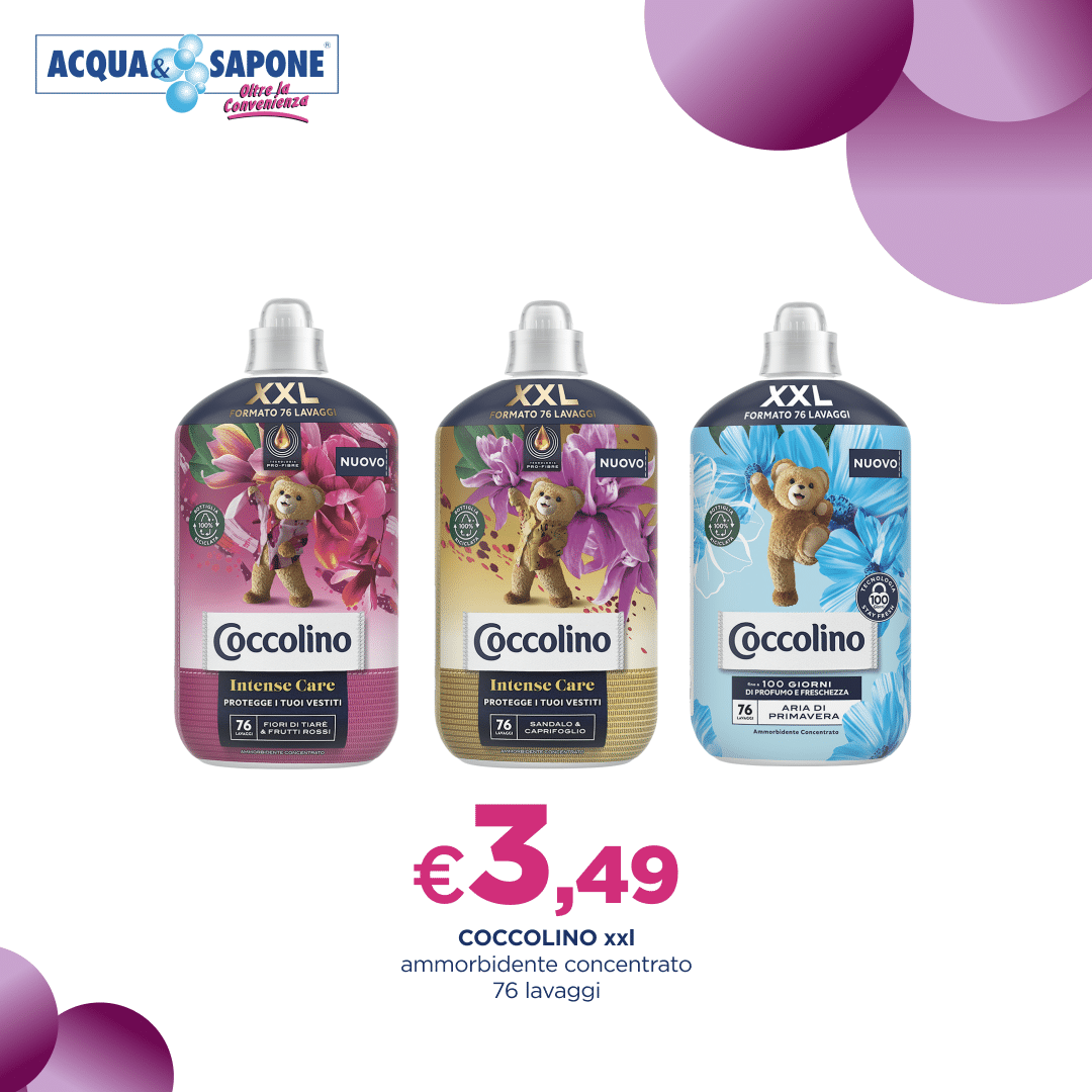 Coccolino XXL ammorbidente concentrato - 76 lavaggi a 3,49€ nelle varianti fiori di tiare e frutti rossi, sandalo e caprifoglio, aria di primavera da Acqua & Sapone