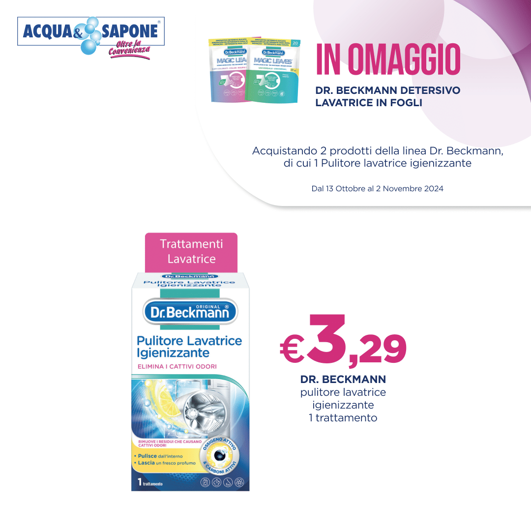 Dr. Beckmann pulitore lavatrice igienizzante - 1 trattamento a 3,29€, in omaggio detersivo lavatrice in fogli acquistando 2 prodotti da Acqua & Sapone