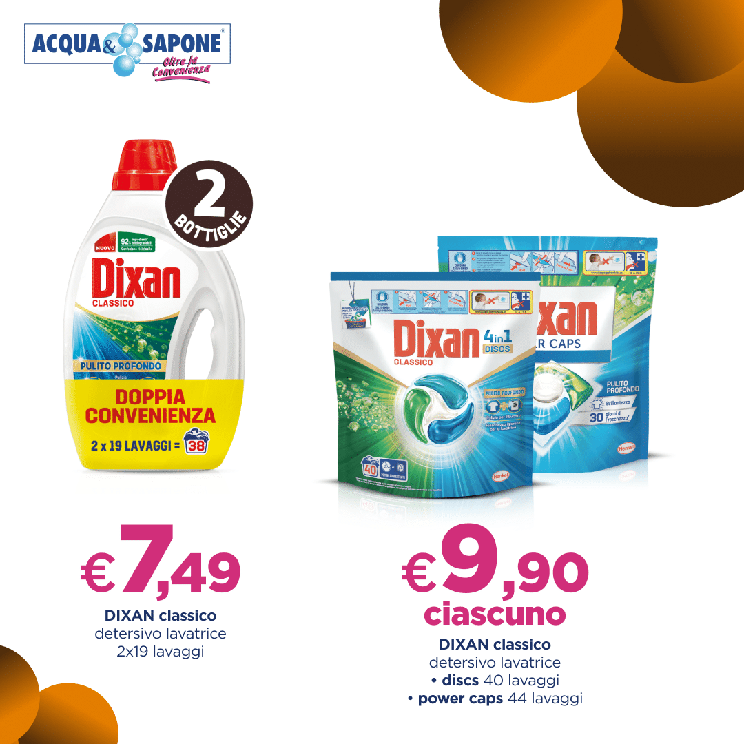 Dixan classico detersivo liquido per lavatrice, doppia convenienza, confezione 2x19 lavaggi. Dixan 4in1 Discs detersivo per lavatrice, pulizia profonda, confezione da 40 lavaggi. Dixan Power Caps detersivo per lavatrice, pulizia profonda, confezione da 44 lavaggi.