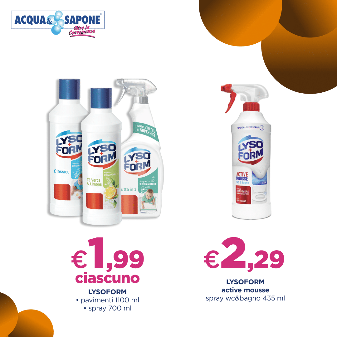 Detergente multiuso Lysoform per pavimenti (1100 ml) e spray multiuso (700 ml), pulizia igienizzante. Lysoform active mousse spray, ideale per wc e bagno, formato 435 ml.