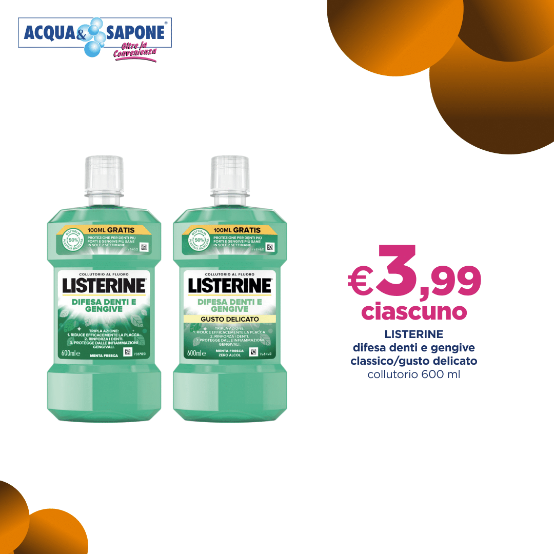 Listerine Difesa Denti e Gengive, collutorio gusto classico o delicato, flacone da 600 ml.