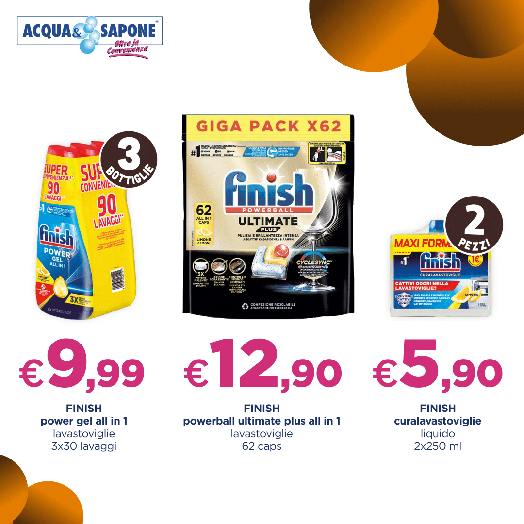 Finish Power Gel All in 1, confezione da 3 bottiglie, detersivo lavastoviglie per 90 lavaggi. Finish Powerball Ultimate Plus All in 1, 62 capsule lavastoviglie. Finish Curialavastoviglie liquido, maxi formato 2 pezzi da 250 ml.