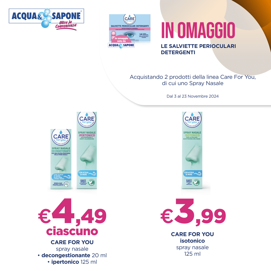 Care for You spray nasale decongestionante 20 ml e ipertonico 125 ml - sollievo respiratorio. Care for You spray nasale isotonico 125 ml - pulizia nasale delicata.