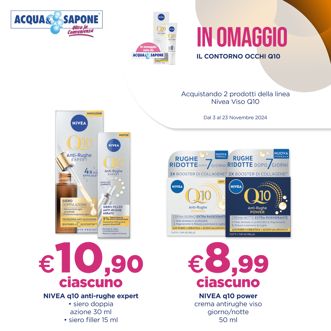 Nivea Q10 Anti-Rughe Expert siero doppia azione e siero filler anti-rughe, confezione duo. Nivea Q10 Power crema viso giorno/notte anti-rughe, 50 ml.