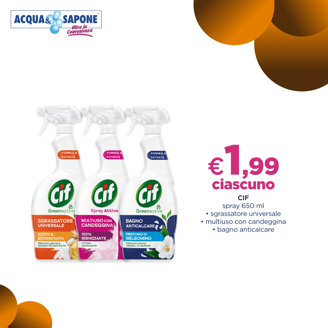 Spray Cif da 650 ml, disponibile in versione sgrassatore universale, multiuso con candeggina e anticalcare per bagno.