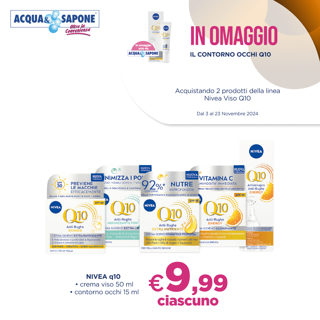 Crema viso e contorno occhi Nivea Q10, anti-rughe, SPF 50 ml e 15 ml.