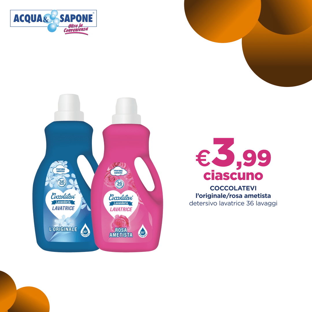 Detersivo lavatrice Coccolatevi l\'originale e rosa ametista, flaconi da 36 lavaggi.