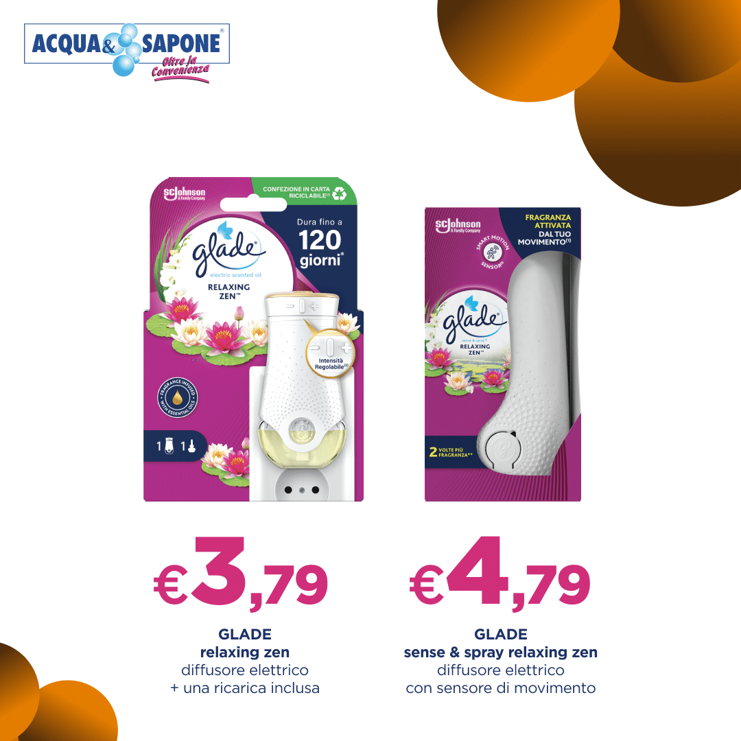 Diffusore elettrico Glade relaxing zen, profumo a lunga durata, con una ricarica inclusa. Diffusore elettrico Glade sense & spray relaxing zen, attivato dal movimento.