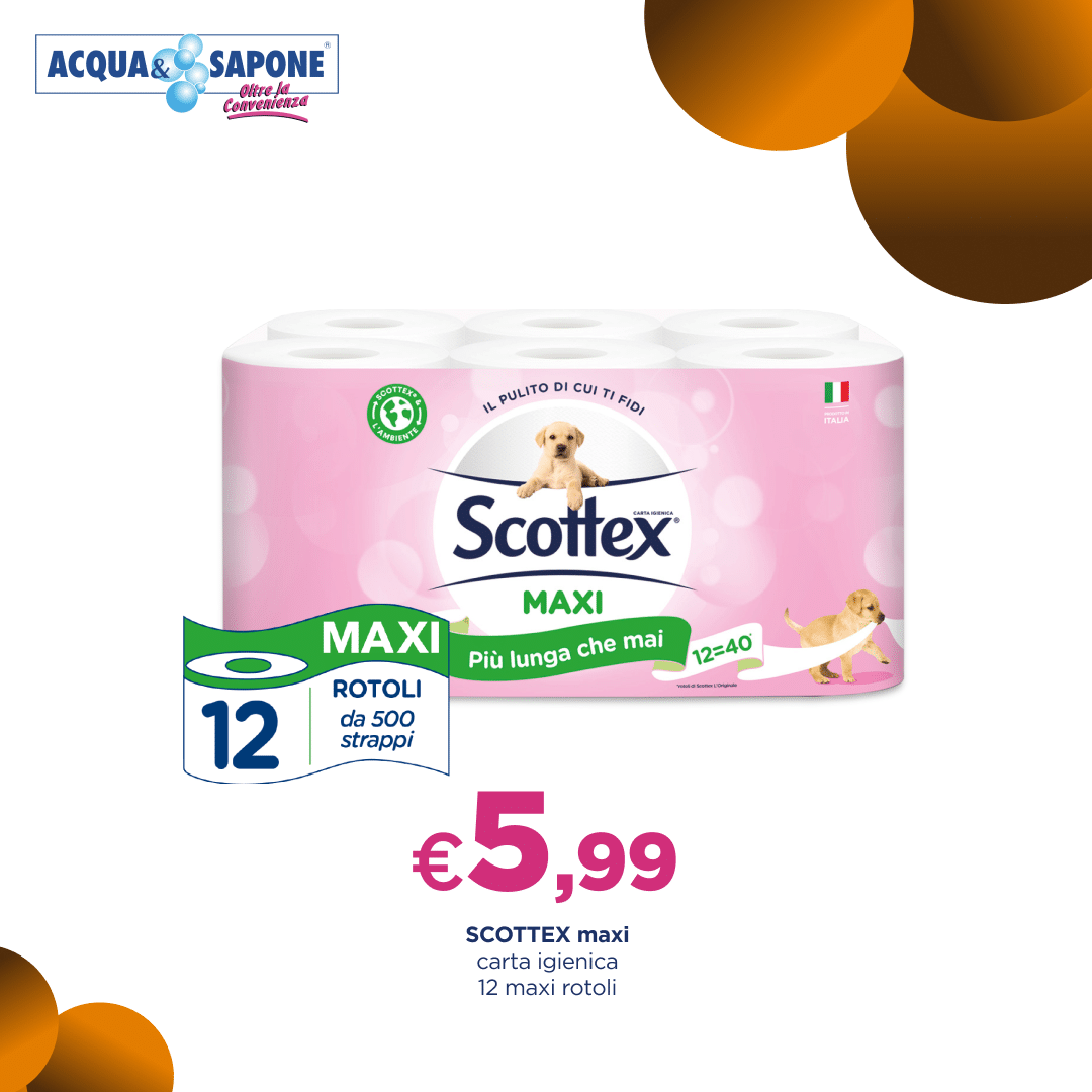 Carta igienica Scottex maxi, 12 maxi rotoli da 500 strappi, lunga durata