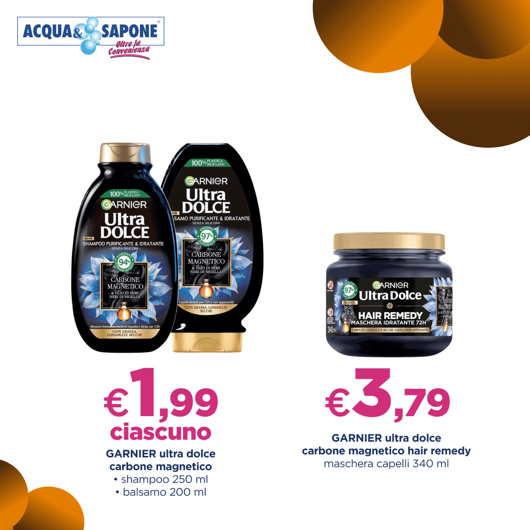 Garnier Ultra Dolce Carbone Magnetico, shampoo e balsamo purificante per capelli 250 ml e 200 ml. Garnier Ultra Dolce Carbone Magnetico, maschera idratante per capelli, 340 ml.