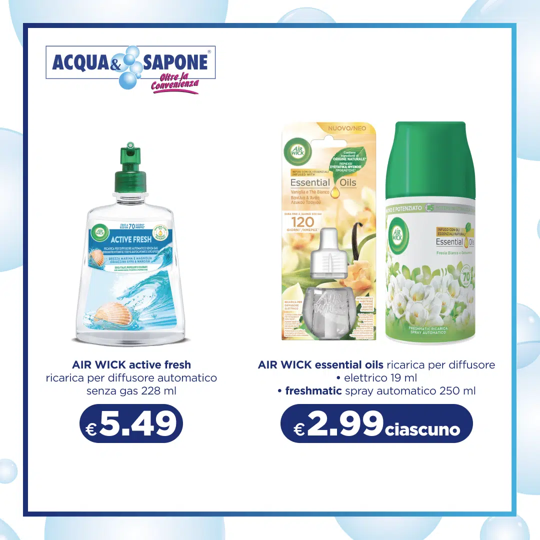 Air Wick Active Fresh e Essential Oils in diverse varianti per diffusori automatici, ideali per ambienti freschi e profumati con note naturali.