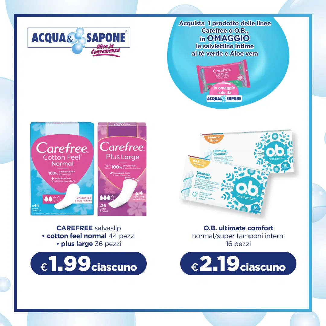 Salvaslip Carefree Cotton Feel e Plus Large e tamponi interni O.B. Ultimate Comfort per comfort e protezione giornaliera.