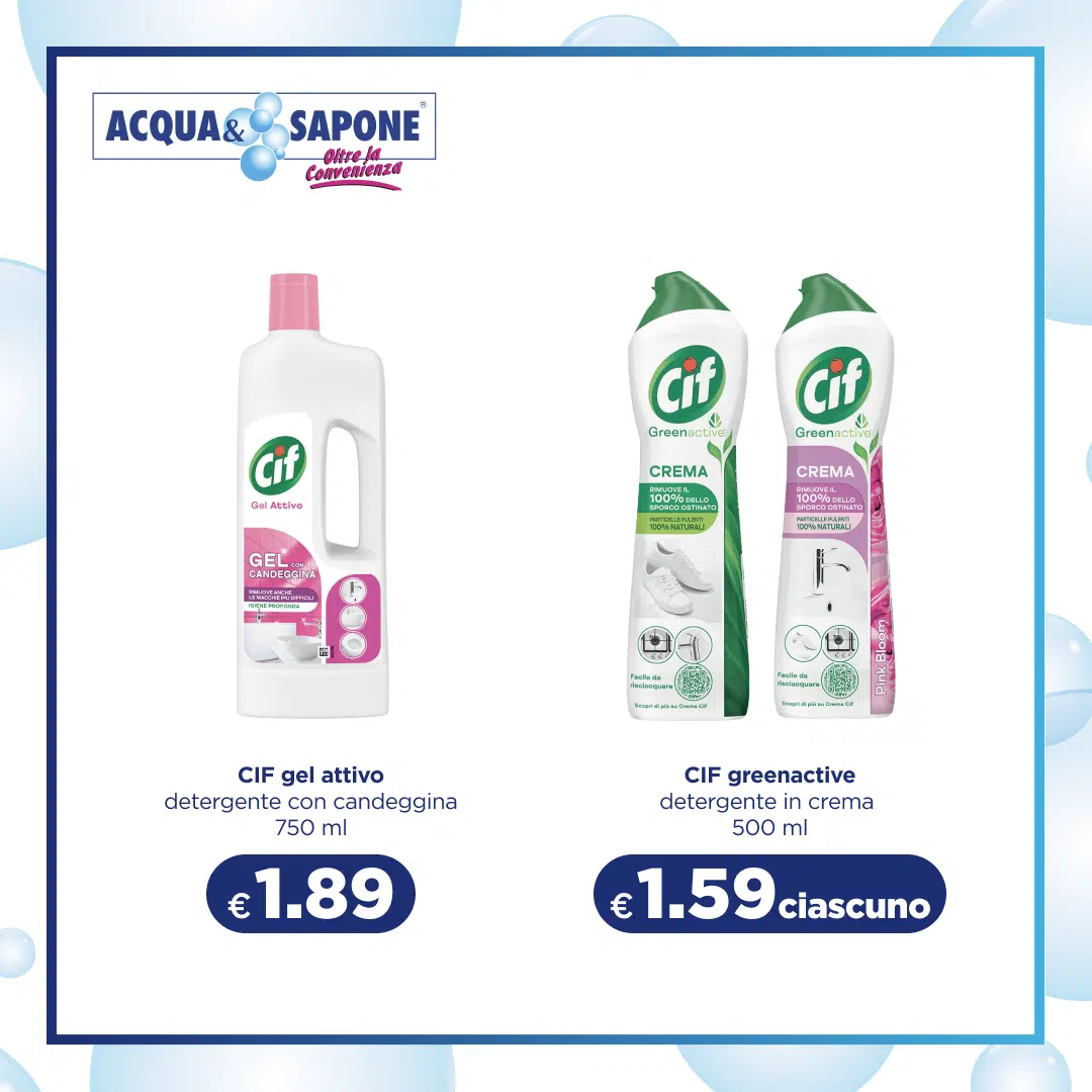 Cif Gel Attivo e Cif Greenactive, detergenti ad alte prestazioni per superfici brillanti e igienizzate.