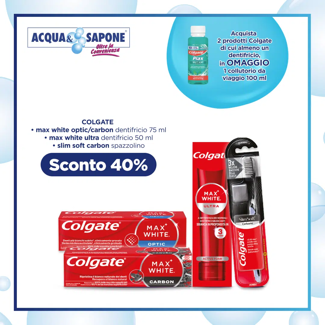 Dentifricio Colgate Max White Ultra e Optic/Carbon e lo spazzolino Slim Soft Carbone, ideali per denti brillanti e gengive sane.