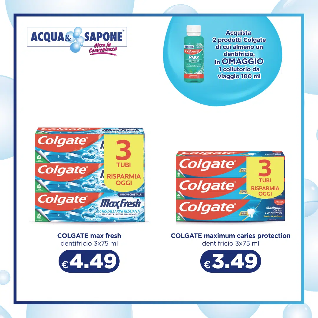 Dentifricio Colgate Max Fresh e Colgate Maximum Caries Protection in confezioni da 3 tubi.