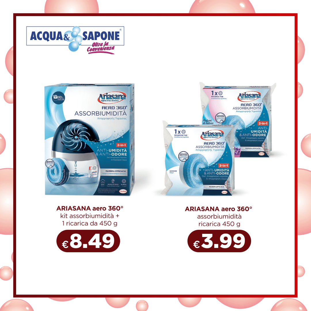 Ariasana Aero 360 kit assorbi-umidità con ricarica 450 g elimina umidità e odori ideale per casa e ambienti chiusi Ariasana Aero 360 ricarica assorbi-umidità 450 g sistema anti-odore per ambienti umidi e chiusi