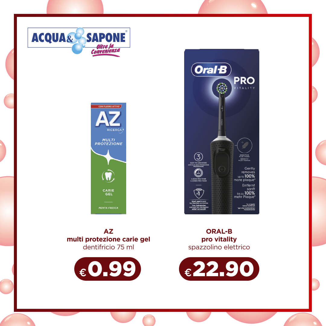 AZ Multi Protezione Carie Gel dentifricio 75 ml protegge i denti dalla carie con azione rinfrescante alla menta Oral-B Pro Vitality spazzolino elettrico rimuove la placca in modo efficace per una pulizia profonda e gengive sane