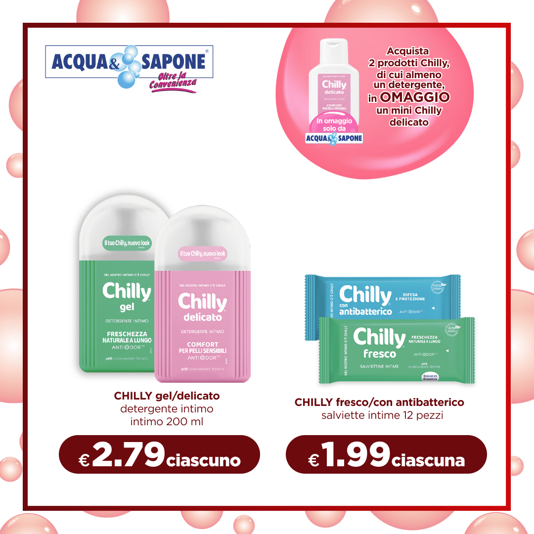 Chilly detergente intimo da 200 ml nelle varianti gel per una freschezza naturale e delicato per pelli sensibili offre protezione e comfort quotidiano. Chilly salviette intime da 12 pezzi nelle versioni fresco e con antibatterico garantiscono igiene e freschezza ovunque.