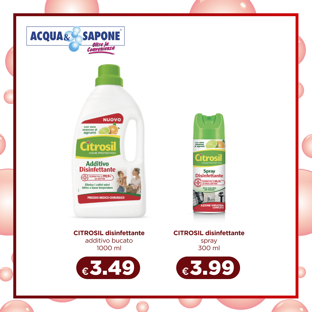 Citrosil Additivo bucato da 1000 ml per igienizzare i tessuti e spray disinfettante da 300 ml per eliminare batteri e cattivi odori dalle superfici.