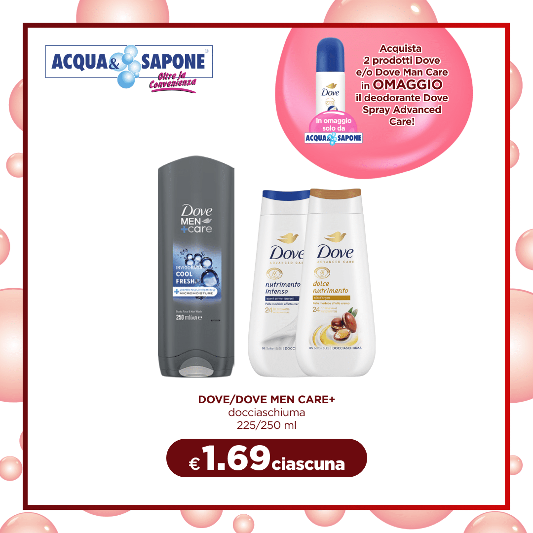 Dove e Dove Men Care+ docciaschiuma Deterge e idrata la pelle con una fragranza avvolgente. Disponibile nei formati 225 ml e 250 ml per una freschezza prolungata.