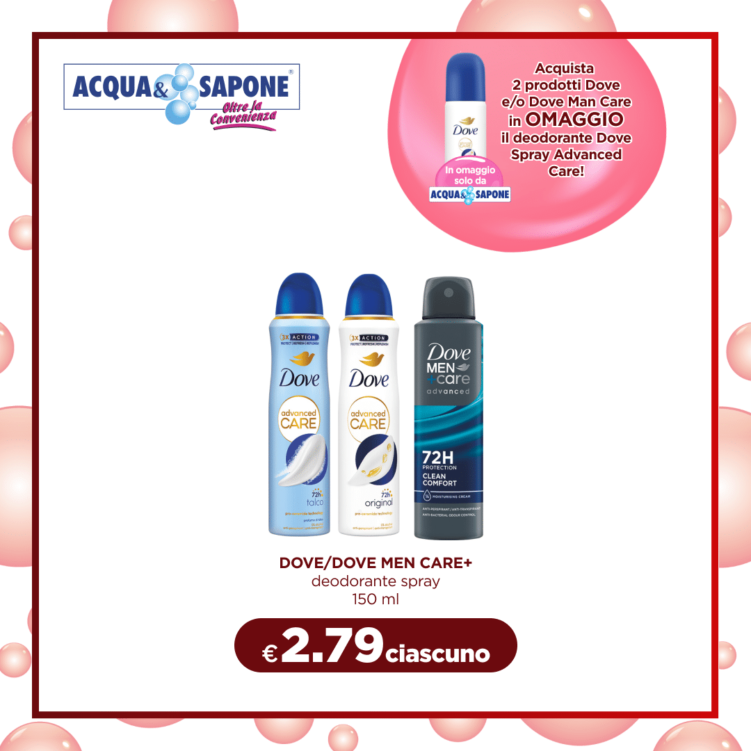 Dove e Dove Men Care+ deodorante spray Protezione fino a 72 ore contro il sudore e i cattivi odori. Disponibile in diverse fragranze nel formato spray 150 ml.