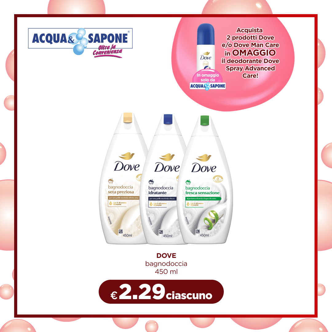 Dove bagnodoccia Idrata e nutre la pelle con una formula delicata. Disponibile in tre varianti: seta preziosa, idratante e fresca sensazione, formato 450 ml.