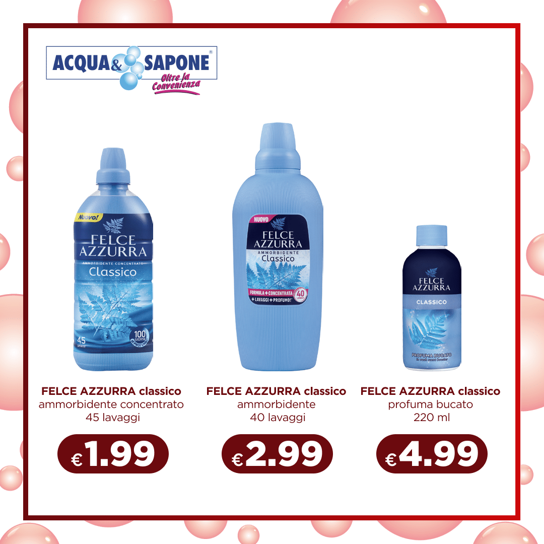 Felce Azzurra classico Ammorbidente concentrato 45 lavaggi per una freschezza duratura e profumata. Disponibile anche nella variante ammorbidente classico 40 lavaggi e profuma bucato da 220 ml.