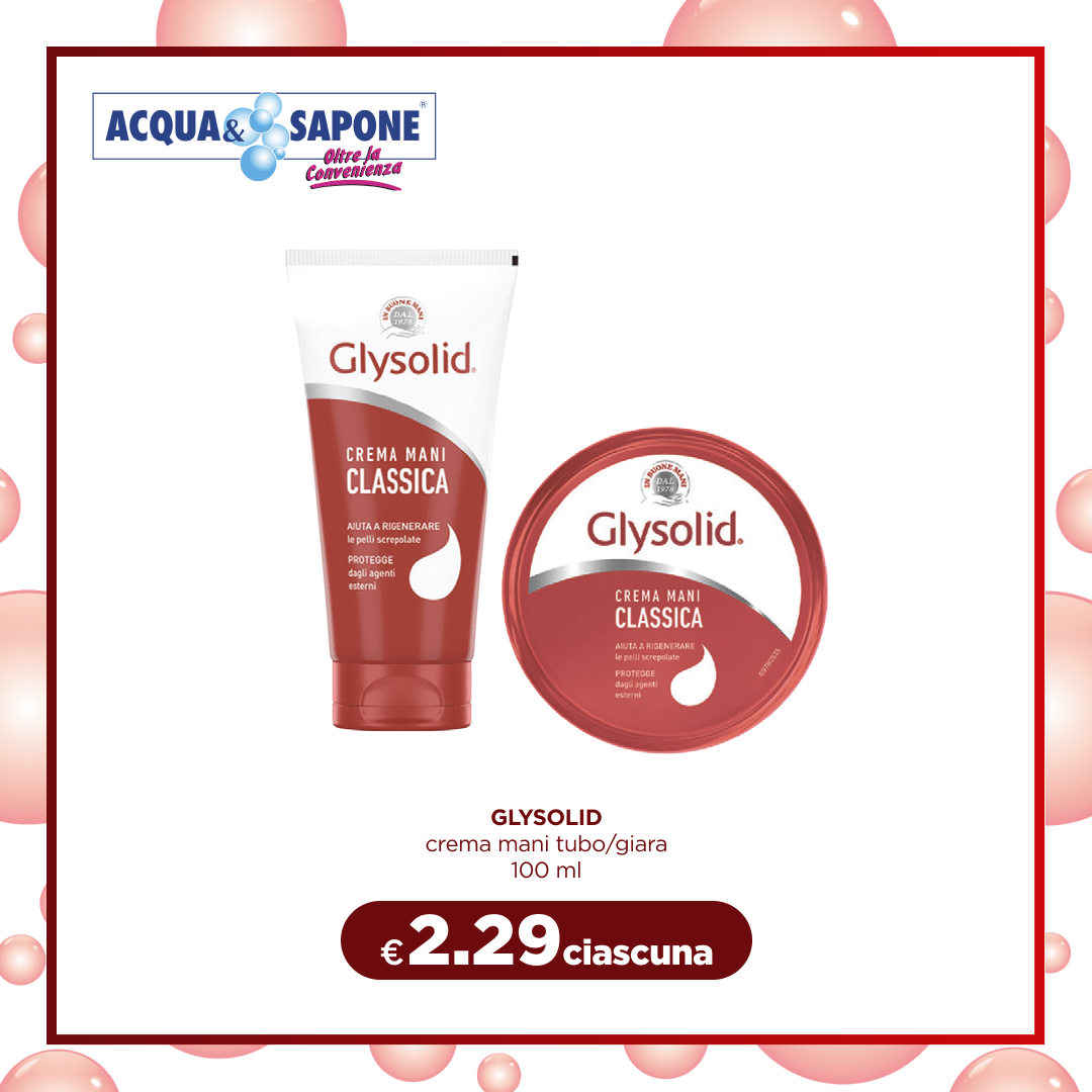 Glysolid Crema Mani Classica nel formato tubo o giara da 100 ml, ideale per nutrire e proteggere la pelle secca.