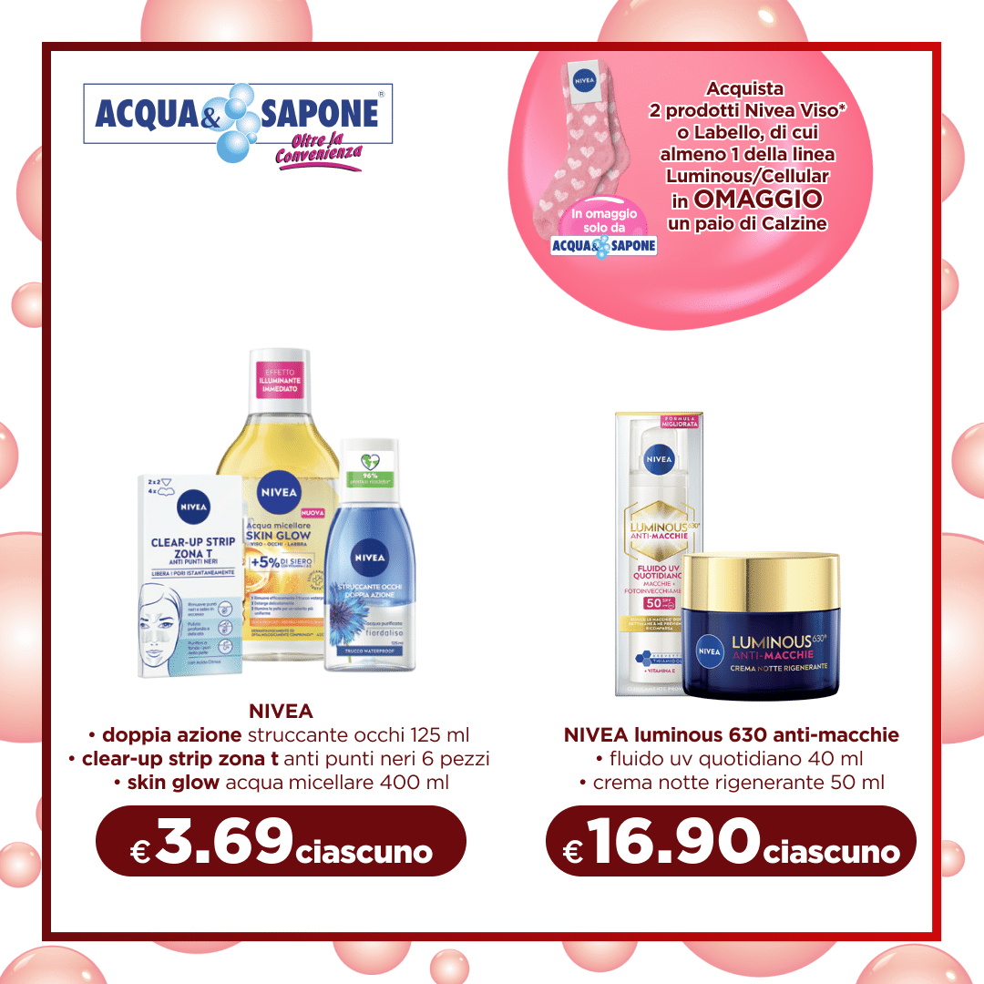 Nivea Clear-Up e Skin Glow struccante occhi, patch anti-punti neri e acqua micellare per una pelle luminosa e purificata. Nivea Luminous 630 Anti-Macchie fluido UV quotidiano da 40 ml e crema notte rigenerante da 50 ml per una pelle uniforme e radiosa.