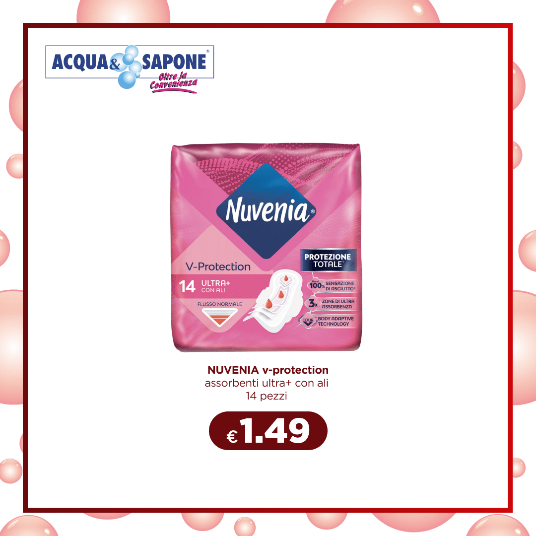 Nuvenia V-Protection assorbenti ultra+ con ali, confezione da 14 pezzi per un’assorbenza ottimale e protezione totale.