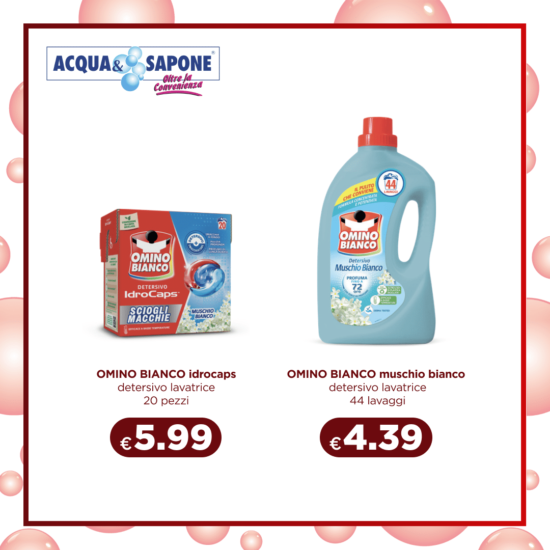 Omino Bianco Idrocaps detersivo lavatrice 20 capsule per una pulizia efficace. Omino Bianco Muschio Bianco detersivo lavatrice liquido da 44 lavaggi per un bucato profumato e pulito.
