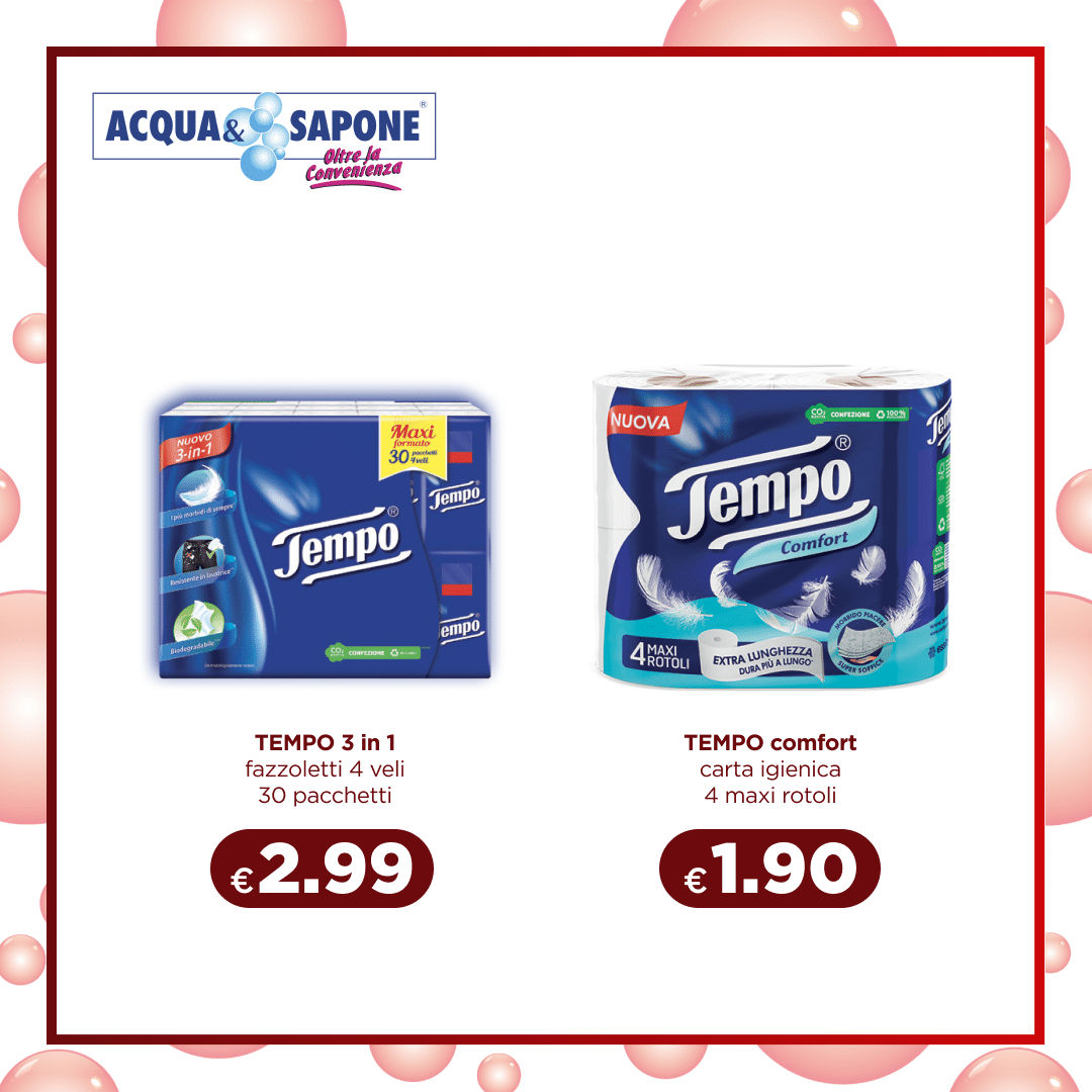 Tempo 3 in 1 fazzoletti 4 veli in confezione da 30 pacchetti, ideali per un\'azione delicata e resistente. Tempo Comfort carta igienica con 4 maxi rotoli, extra lunga durata e morbidezza superiore per il massimo comfort.