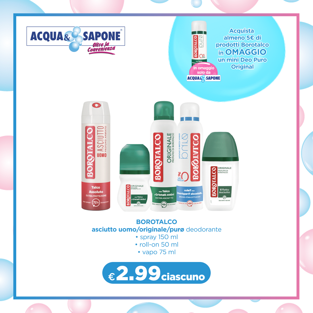 BOROTALCO deodorante Spray da 150 ml, roll-on da 50 ml e vapo da 75 ml nelle varianti asciutto uomo, originale e puro per una protezione duratura e una sensazione di freschezza.