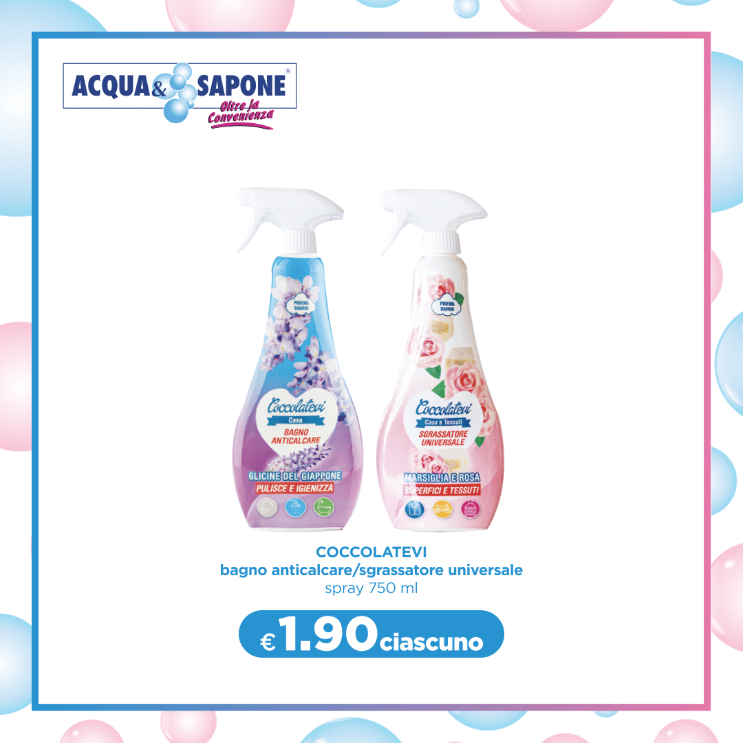 COCCOLATEVI spray bagno anticalcare e sgrassatore universale - Spray da 750 ml disponibile nelle fragranze glicine del Giappone e marsiglia e rosa, ideale per pulire a fondo e igienizzare superfici e tessuti.