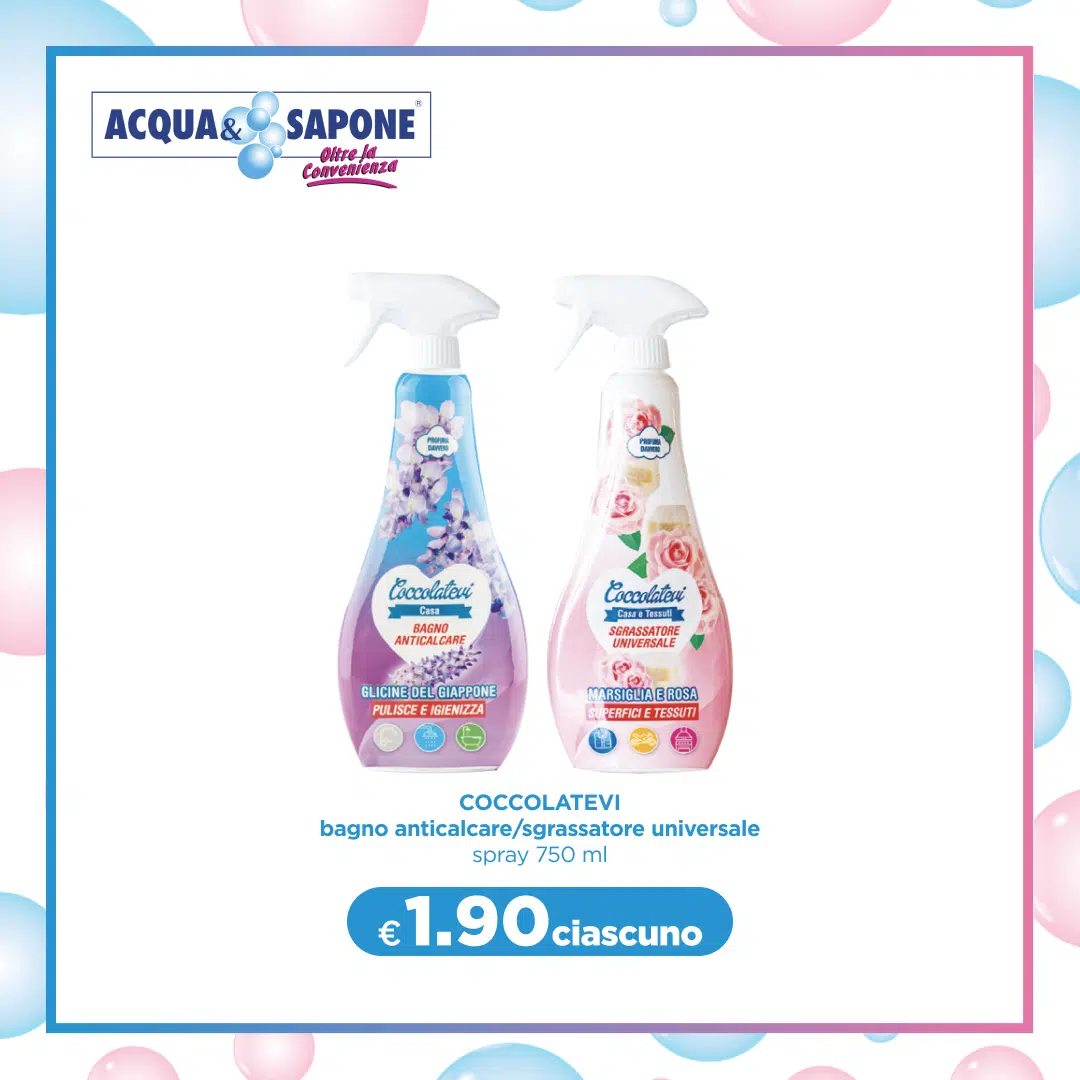 COCCOLATEVI spray bagno anticalcare e sgrassatore universale - Spray da 750 ml disponibile nelle fragranze glicine del Giappone e marsiglia e rosa, ideale per pulire a fondo e igienizzare superfici e tessuti.