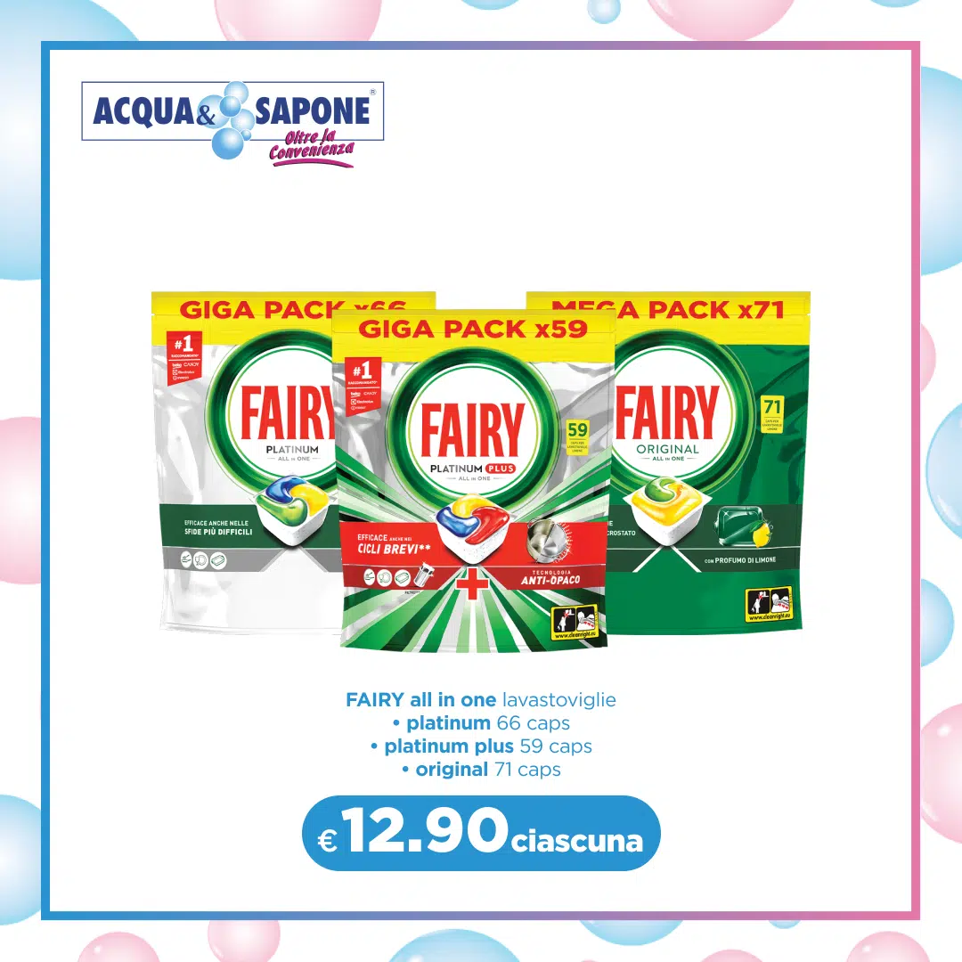 Fairy Detergente per lavastoviglie in caps disponibile in tre varianti: platinum da 66 caps, platinum plus da 59 caps e original da 71 caps