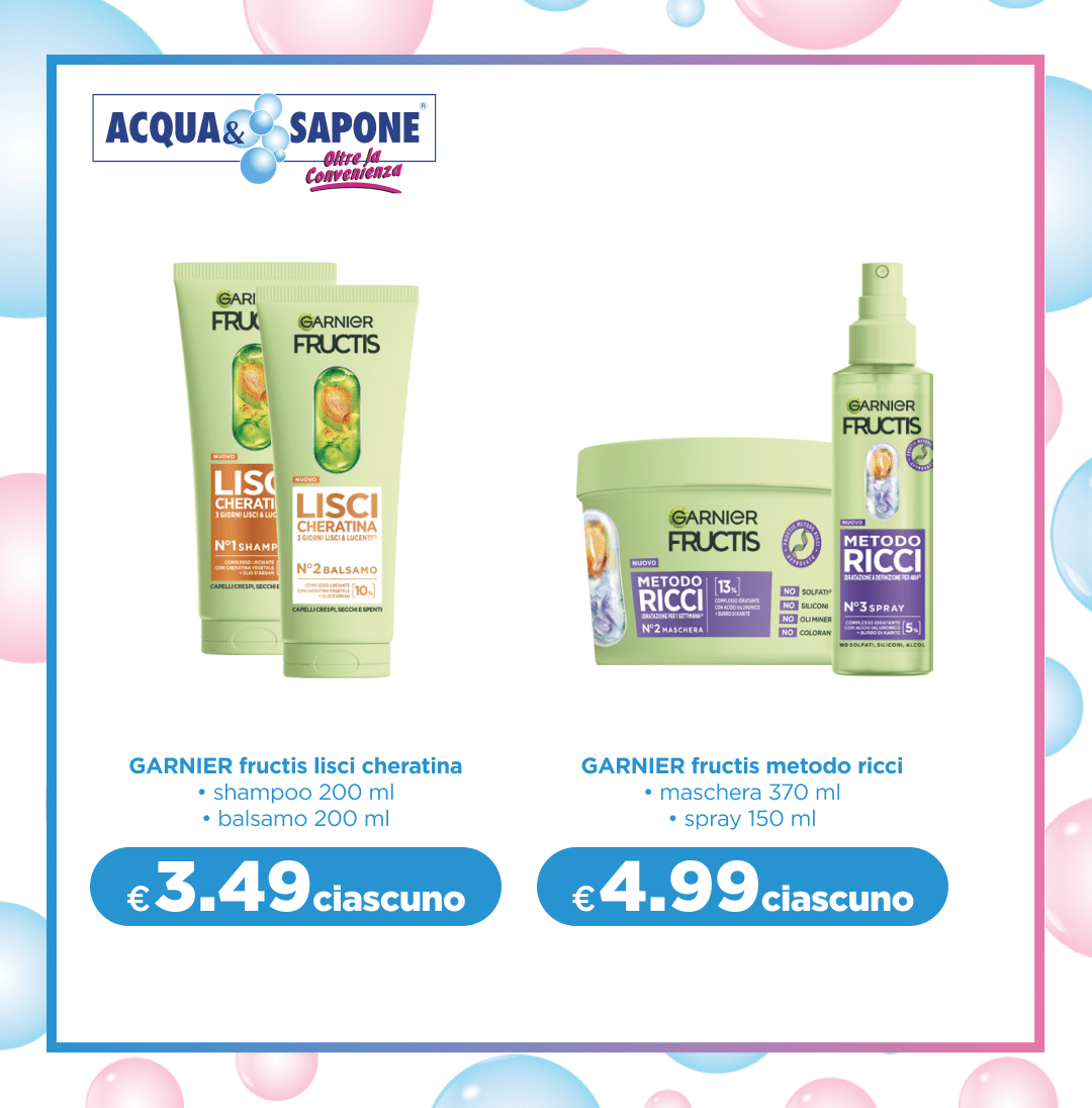 Garnier Shampoo e balsamo da 200 ml con cheratina vegetale per capelli lisci e disciplinati. Maschera da 370 ml e spray da 150 ml specifici per capelli ricci.