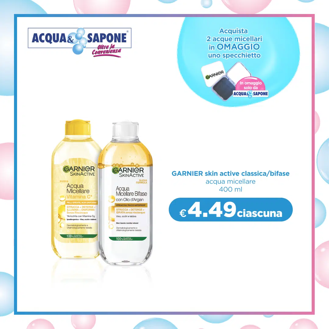 Garnier Acqua micellare da 400 ml disponibile nella versione classica o bifase con olio di argan