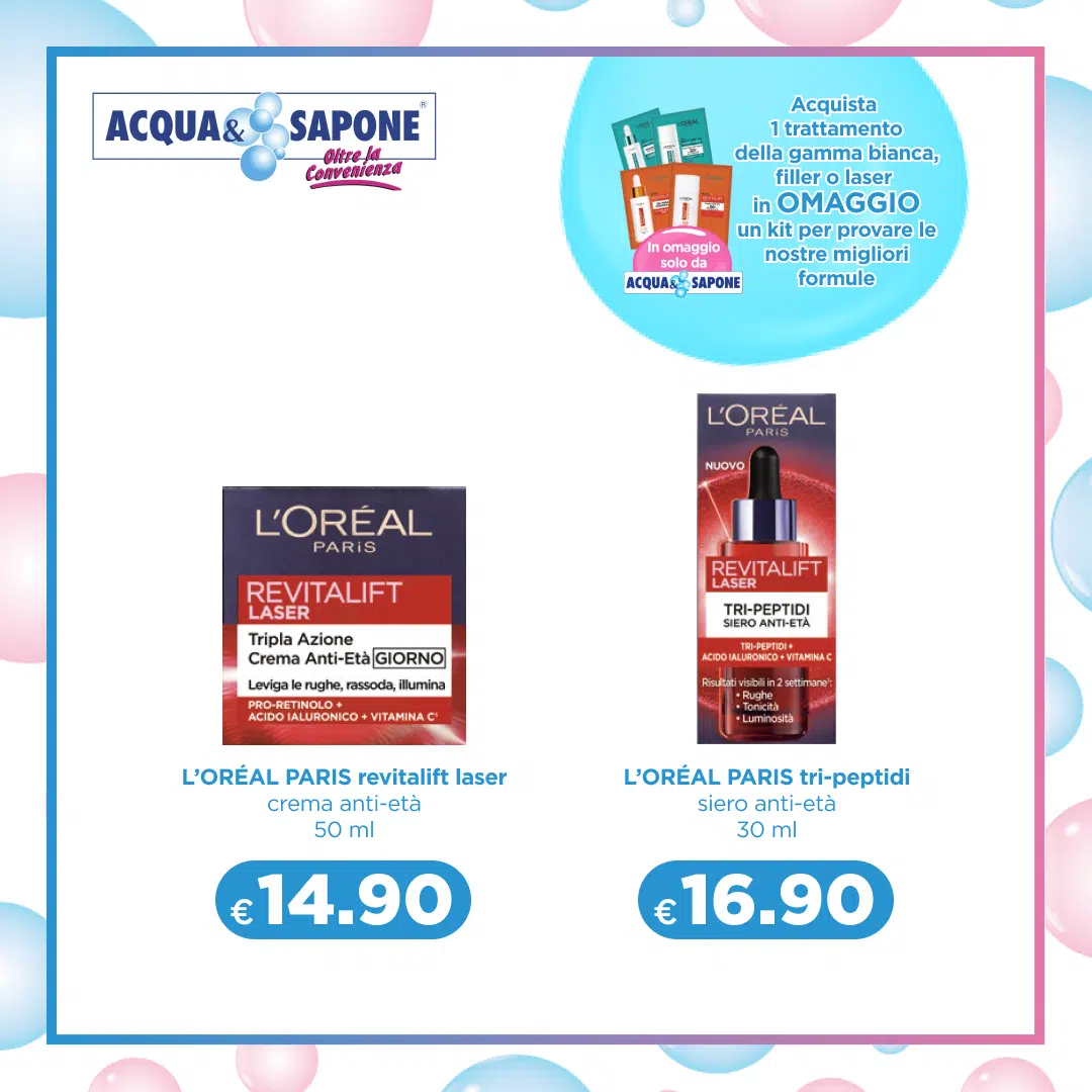 L\'ORÉAL PARIS revitalift laser - Crema anti-età da 50 ml per levigare le rughe e migliorare l\'elasticità della pelle. L\'ORÉAL PARIS tri-peptidi - Siero anti-età da 30 ml con acido ialuronico e vitamina C per un effetto illuminante.