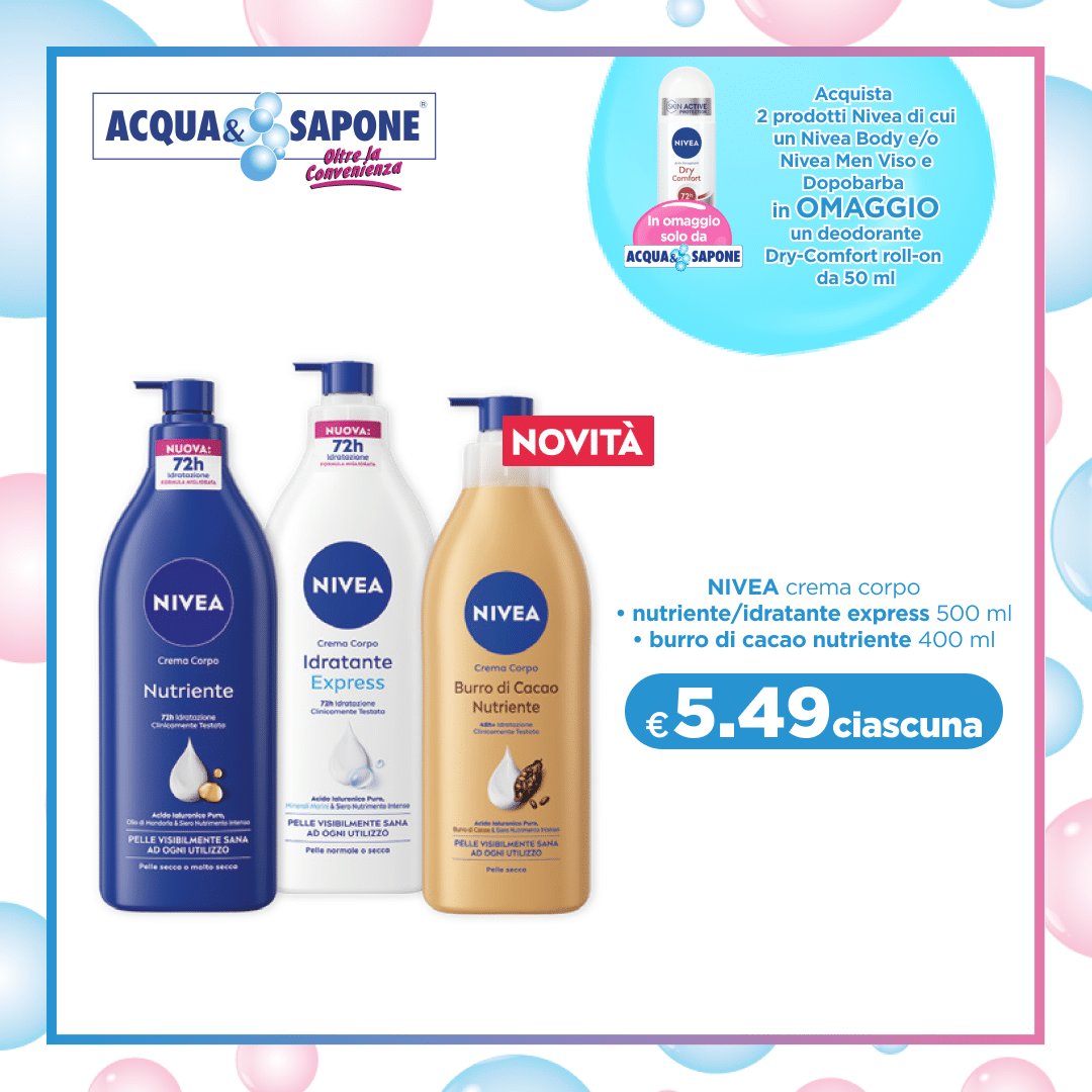 Nivea crema corpo disponibile nelle varianti nutriente/idratante express da 500 ml e burro di cacao nutriente da 400 ml.