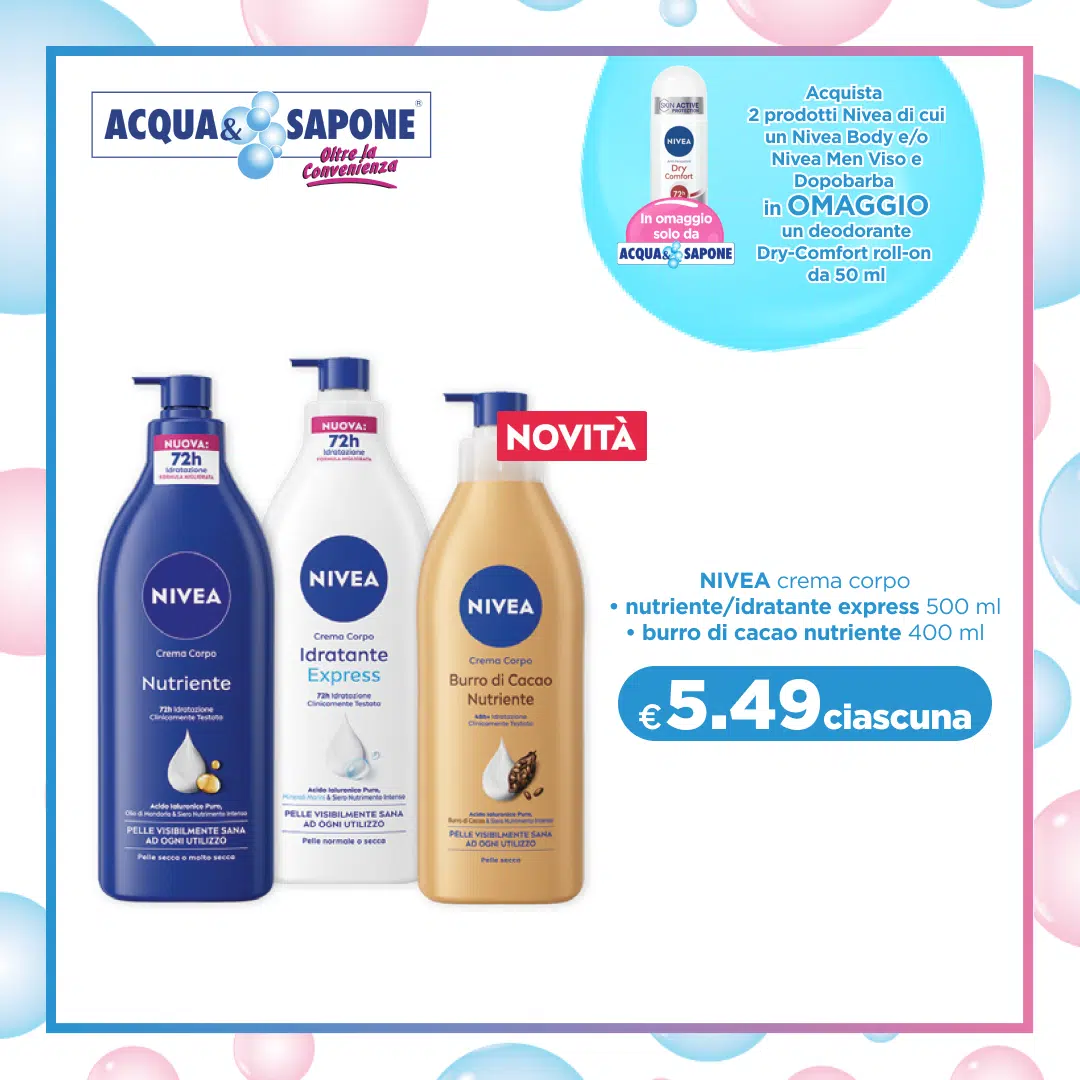 Nivea crema corpo disponibile nelle varianti nutriente/idratante express da 500 ml e burro di cacao nutriente da 400 ml.