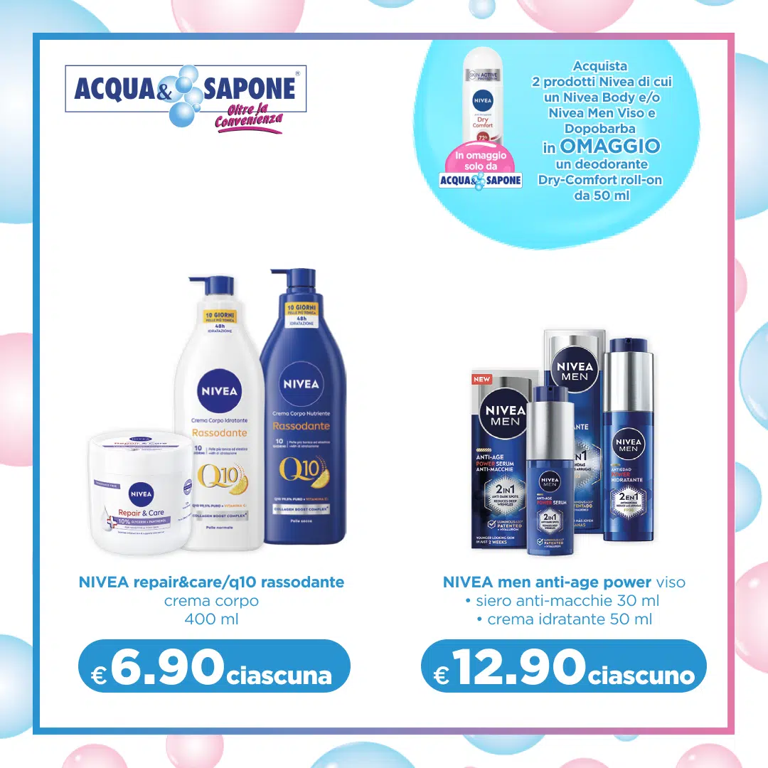 NIVEA repair&care/q10 rassodante - Crema corpo da 400 ml disponibile nelle varianti repair&care e q10 rassodante. NIVEA men anti-age power - Trattamento viso con siero anti-macchie da 30 ml e crema idratante da 50 ml.