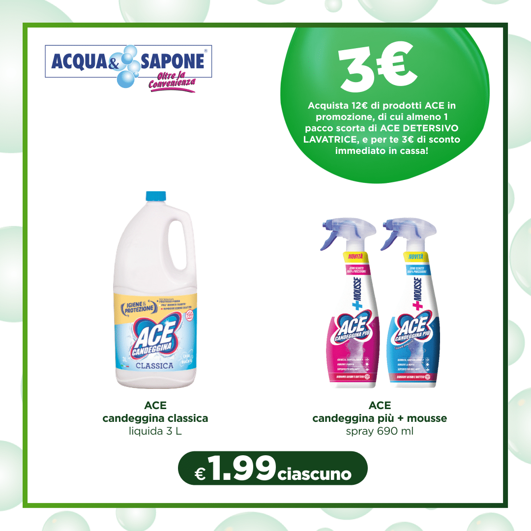 ACE candeggina classica - Liquida da 3L per igiene e protezione in casa, ideale per la pulizia profonda. ACE candeggina più + mousse - Spray 690 ml, disponibile in due varianti per una pulizia più efficace e una texture mousse.