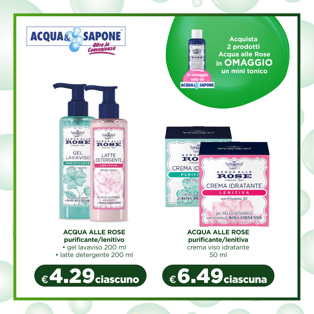 ACQUA ALLE ROSE purificante/lenitiva Gel lavaviso e latte detergente, entrambi da 200 ml, per una pulizia delicata del viso con proprietà purificanti e lenitive. ACQUA ALLE ROSE purificante gel lavaviso e latte detergente 200 ml. ACQUA ALLE ROSE purificante/lenitiva crema idratante Crema viso idratante da 50 ml con vitamina B5, per pelli sensibili con estratto di rosa Chinesis. ACQUA ALLE ROSE purificante crema idratante lenitiva 50 ml.