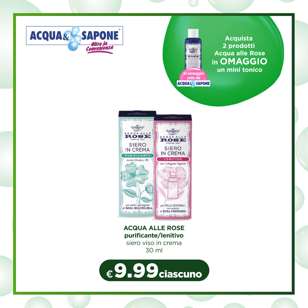 ACQUA ALLE ROSE purificante/lenitiva siero Siero viso in crema, disponibile in due varianti purificante (acido glicolico) e lenitiva (con collagene vegetale), da 30 ml. ACQUA ALLE ROSE purificante siero in crema 30 ml.